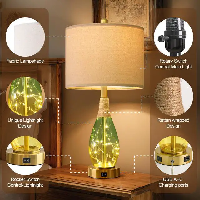 Alt view image 5 of 7 - 23" Table Lamps Set of 2,Farmhouse Lamps with Glass Nightlight, Bedside Lamps for Living Room, Rattan Lamps for Bedroom Nightstands, Two Light Points