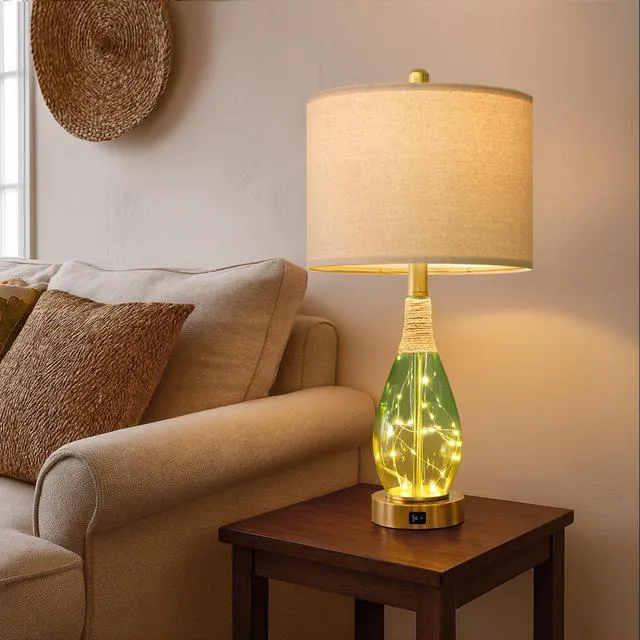 Alt view image 4 of 7 - 23" Table Lamps Set of 2,Farmhouse Lamps with Glass Nightlight, Bedside Lamps for Living Room, Rattan Lamps for Bedroom Nightstands, Two Light Points