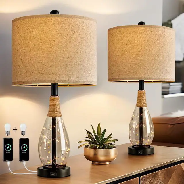 Main image of 23" Table Lamps for Living Room Set of 2 Bedside Lamps for Night Stands Bedroom Lamps Farmhouse Rattan Boho Lamp Glass Nightlight End Table Lamp with USB C+A (Black),Two Light Points