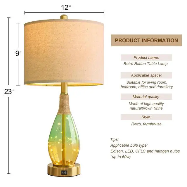Alt view image 6 of 7 - 23" Table Lamps Set of 2,Farmhouse Lamps with Glass Nightlight, Bedside Lamps for Living Room, Rattan Lamps for Bedroom Nightstands, Two Light Points
