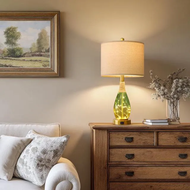 Alt view image 7 of 7 - 23" Table Lamps Set of 2,Farmhouse Lamps with Glass Nightlight, Bedside Lamps for Living Room, Rattan Lamps for Bedroom Nightstands, Two Light Points
