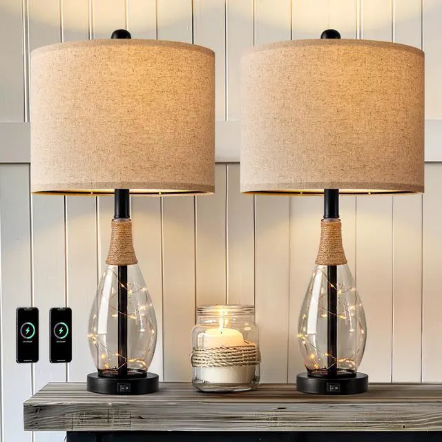 Alt view image 2 of 7 - 23" Table Lamps for Living Room Set of 2 Bedside Lamps for Night Stands Bedroom Lamps Farmhouse Rattan Boho Lamp Glass Nightlight End Table Lamp with USB C+A (Black),Two Light Points
