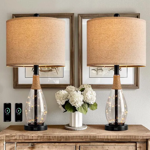 Alt view image 5 of 7 - 23" Table Lamps for Living Room Set of 2 Bedside Lamps for Night Stands Bedroom Lamps Farmhouse Rattan Boho Lamp Glass Nightlight End Table Lamp with USB C+A (Black),Two Light Points