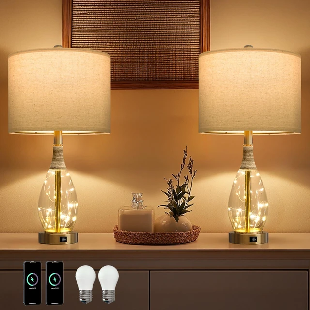 Main image of 23" Table Lamps for Living Room Set of 2 Bedside Lamps for Night Stands Bedroom Lamps Farmhouse Rattan Boho Lamp Glass Nightlight End Table Lamp with USB C+A (Gold),Two Light Points