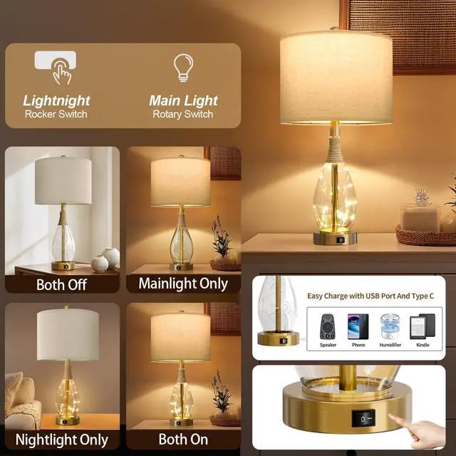 Alt view image 3 of 7 - 23" Table Lamps for Living Room Set of 2 Bedside Lamps for Night Stands Bedroom Lamps Farmhouse Rattan Boho Lamp Glass Nightlight End Table Lamp with USB C+A (Gold),Two Light Points
