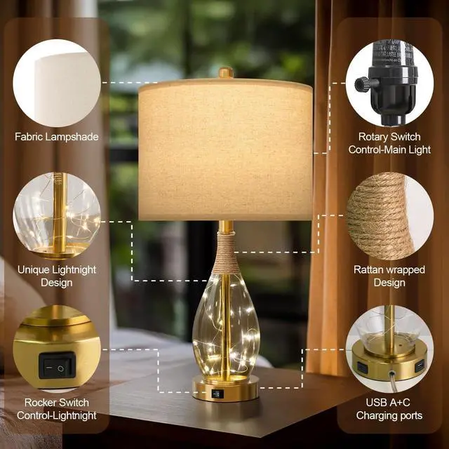 Alt view image 4 of 7 - 23" Table Lamps for Living Room Set of 2 Bedside Lamps for Night Stands Bedroom Lamps Farmhouse Rattan Boho Lamp Glass Nightlight End Table Lamp with USB C+A (Gold),Two Light Points
