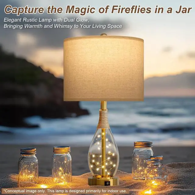 Alt view image 2 of 7 - 23" Table Lamps for Living Room Set of 2 Bedside Lamps for Night Stands Bedroom Lamps Farmhouse Rattan Boho Lamp Glass Nightlight End Table Lamp with USB C+A (Gold),Two Light Points
