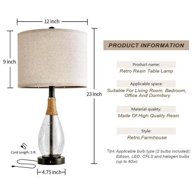 Alt view image 7 of 7 - 23" Table Lamps for Living Room Set of 2 Bedside Lamps for Night Stands Bedroom Lamps Farmhouse Rattan Boho Lamp Glass Nightlight End Table Lamp with USB C+A (Black),Two Light Points