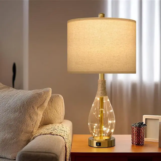 Alt view image 5 of 7 - 23" Table Lamps for Living Room Set of 2 Bedside Lamps for Night Stands Bedroom Lamps Farmhouse Rattan Boho Lamp Glass Nightlight End Table Lamp with USB C+A (Gold),Two Light Points