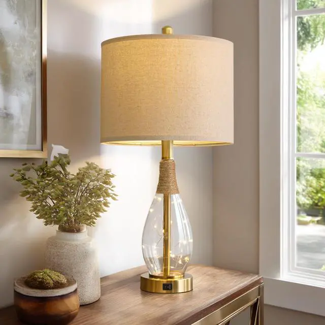 Alt view image 6 of 7 - 23" Table Lamps for Living Room Set of 2 Bedside Lamps for Night Stands Bedroom Lamps Farmhouse Rattan Boho Lamp Glass Nightlight End Table Lamp with USB C+A (Gold),Two Light Points