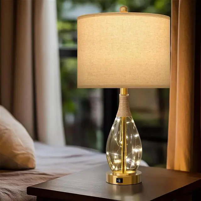 Alt view image 7 of 7 - 23" Table Lamps for Living Room Set of 2 Bedside Lamps for Night Stands Bedroom Lamps Farmhouse Rattan Boho Lamp Glass Nightlight End Table Lamp with USB C+A (Gold),Two Light Points