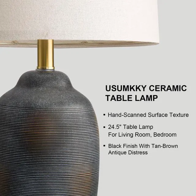 Alt view image 2 of 7 - 24.5" Vintage Ceramic Table Lamp with 5FT Cord- Single Farmhouse Rustic Bedside Lamp with Natural Textured Finish, Nightstand Lamps for Living Room, Bedroom, End Table, Office Retro Black