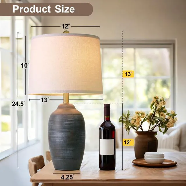 Alt view image 3 of 7 - 24.5" Vintage Ceramic Table Lamp with 5FT Cord- Single Farmhouse Rustic Bedside Lamp with Natural Textured Finish, Nightstand Lamps for Living Room, Bedroom, End Table, Office Retro Black