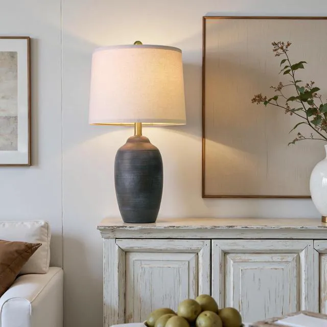 Alt view image 5 of 7 - 24.5" Vintage Ceramic Table Lamp with 5FT Cord- Single Farmhouse Rustic Bedside Lamp with Natural Textured Finish, Nightstand Lamps for Living Room, Bedroom, End Table, Office Retro Black