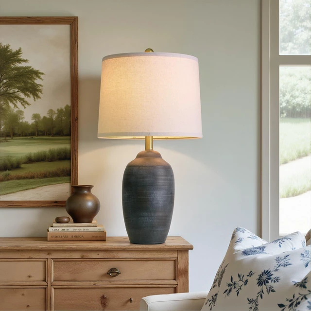Alt view image 7 of 7 - 24.5" Vintage Ceramic Table Lamp with 5FT Cord- Single Farmhouse Rustic Bedside Lamp with Natural Textured Finish, Nightstand Lamps for Living Room, Bedroom, End Table, Office Retro Black