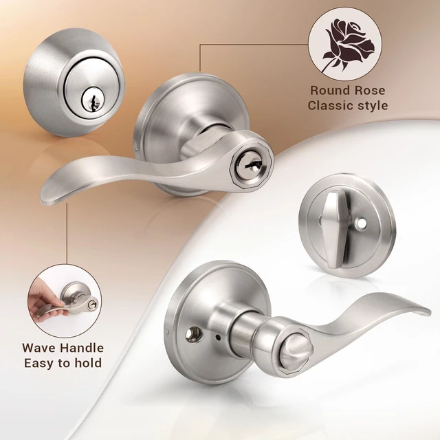 Alt view image 2 of 6 - 4 Sets of Front Exterior Door Knob Set with Single Cylinder Deadbolts in Satin Nickel Finish, All Keyed Same Combo Pack, Wave Style Entry Door Lever Locks with Combinations