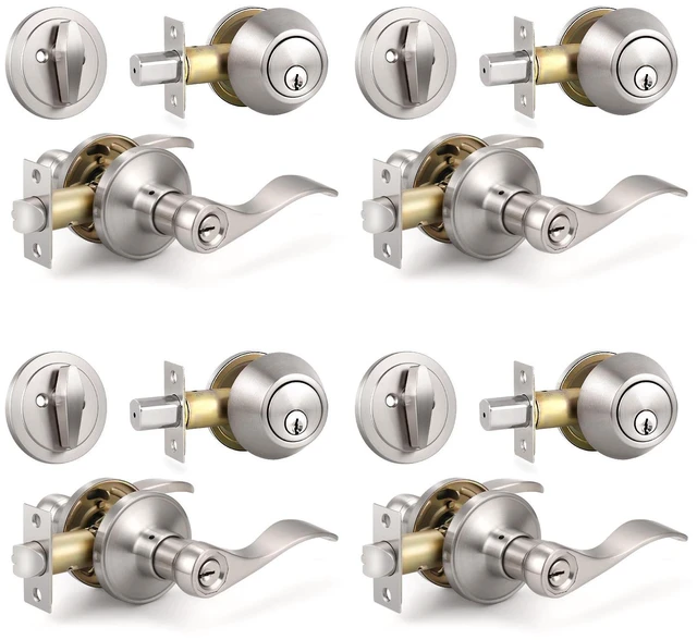 Main image of 4 Sets of Front Exterior Door Knob Set with Single Cylinder Deadbolts in Satin Nickel Finish, All Keyed Same Combo Pack, Wave Style Entry Door Lever Locks with Combinations