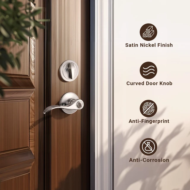 Alt view image 4 of 6 - 4 Sets of Front Exterior Door Knob Set with Single Cylinder Deadbolts in Satin Nickel Finish, All Keyed Same Combo Pack, Wave Style Entry Door Lever Locks with Combinations