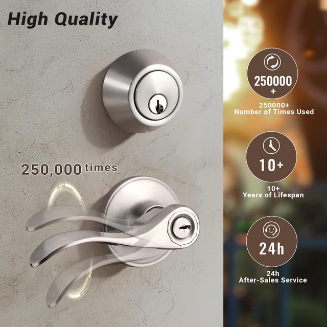 Alt view image 3 of 6 - 4 Sets of Front Exterior Door Knob Set with Single Cylinder Deadbolts in Satin Nickel Finish, All Keyed Same Combo Pack, Wave Style Entry Door Lever Locks with Combinations