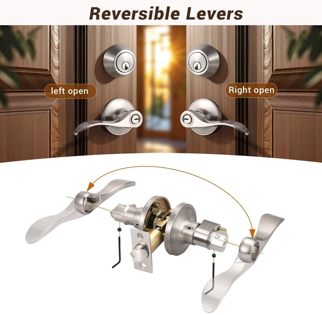 Alt view image 5 of 6 - 4 Sets of Front Exterior Door Knob Set with Single Cylinder Deadbolts in Satin Nickel Finish, All Keyed Same Combo Pack, Wave Style Entry Door Lever Locks with Combinations