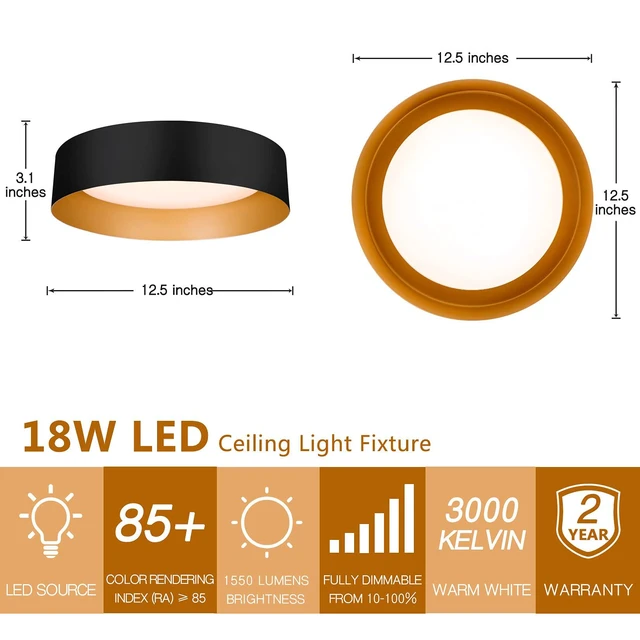 Alt view image 2 of 7 - Flush Mount Ceiling Light 2-Pack, Matte Black with Gold Interior 18W dimmable LED ceiling lights with 3000K warm white lighting, ETL-listed, ideal for kitchen, bedroom and hallway