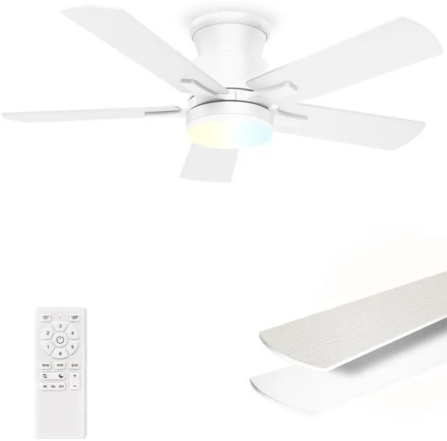 Main image of Flush Mount Ceiling Fans with Lights 42 Inch, Remote Control, 3CCT Dimmable, 6 Speeds, Noiseless Reversible DC Motor, Low Profile Hugger White Ceiling Fan for Living Room, Patio, Indoor/Outdoor, ETL