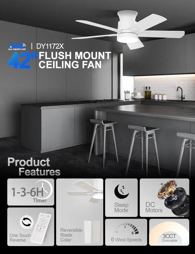 Alt view image 2 of 7 - Flush Mount Ceiling Fans with Lights 42 Inch, Remote Control, 3CCT Dimmable, 6 Speeds, Noiseless Reversible DC Motor, Low Profile Hugger White Ceiling Fan for Living Room, Patio, Indoor/Outdoor, ETL