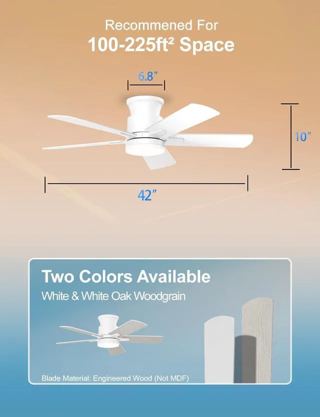 Alt view image 7 of 7 - Flush Mount Ceiling Fans with Lights 42 Inch, Remote Control, 3CCT Dimmable, 6 Speeds, Noiseless Reversible DC Motor, Low Profile Hugger White Ceiling Fan for Living Room, Patio, Indoor/Outdoor, ETL