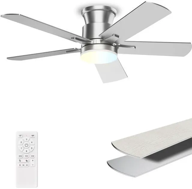 Main image of Flush Mount Ceiling Fans with Lights 42 Inch, Remote Control, 3CCT Dimmable, 6 Speeds, Noiseless Reversible DC Motor, Low Profile Silver Nickel Ceiling Fan for Living Room, Patio, Indoor/Outdoor, ETL
