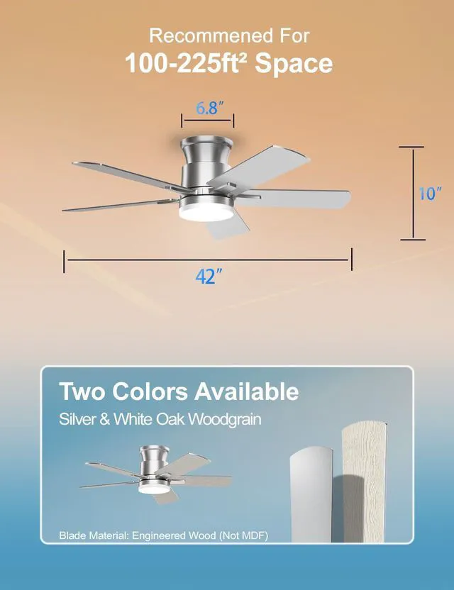 Alt view image 7 of 7 - Flush Mount Ceiling Fans with Lights 42 Inch, Remote Control, 3CCT Dimmable, 6 Speeds, Noiseless Reversible DC Motor, Low Profile Silver Nickel Ceiling Fan for Living Room, Patio, Indoor/Outdoor, ETL