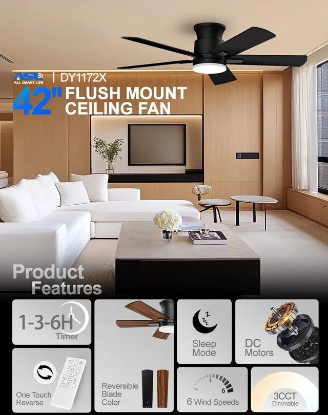 Alt view image 2 of 7 - Flush Mount Ceiling Fans with Lights 42 Inch, Remote Control, 3CCT Dimmable, 6 Speeds, Noiseless Reversible DC Motor, Low Profile Hugger Black Ceiling Fan for Living Room, Patio, Indoor/Outdoor, ETL