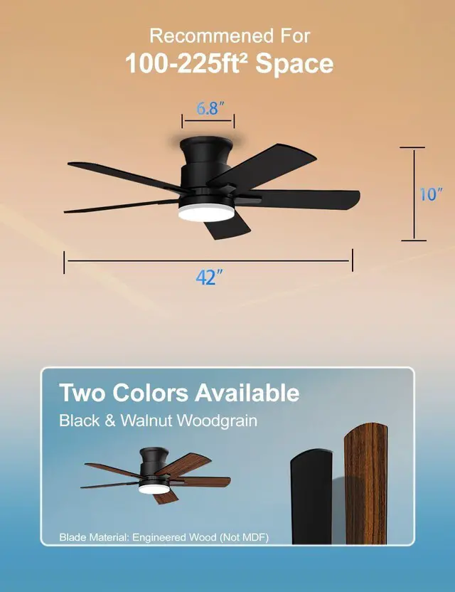 Alt view image 7 of 7 - Flush Mount Ceiling Fans with Lights 42 Inch, Remote Control, 3CCT Dimmable, 6 Speeds, Noiseless Reversible DC Motor, Low Profile Hugger Black Ceiling Fan for Living Room, Patio, Indoor/Outdoor, ETL