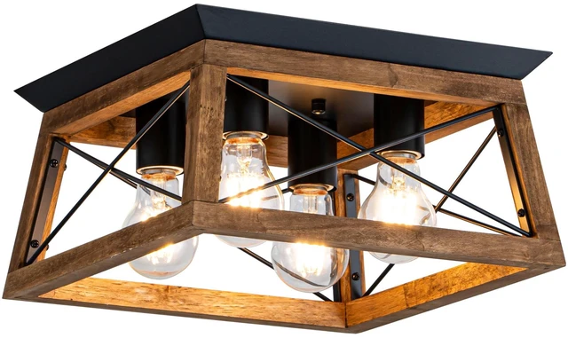 Main image of Farmhouse Light Fixture, 4-Light Rustic Ceiling Light, Trapeziform Wood Flush Mount Ceiling Light for Kitchen, Hallway, Entryway, Bedroom