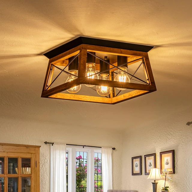 Alt view image 2 of 7 - Farmhouse Light Fixture, 4-Light Rustic Ceiling Light, Trapeziform Wood Flush Mount Ceiling Light for Kitchen, Hallway, Entryway, Bedroom