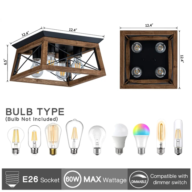Alt view image 3 of 7 - Farmhouse Light Fixture, 4-Light Rustic Ceiling Light, Trapeziform Wood Flush Mount Ceiling Light for Kitchen, Hallway, Entryway, Bedroom