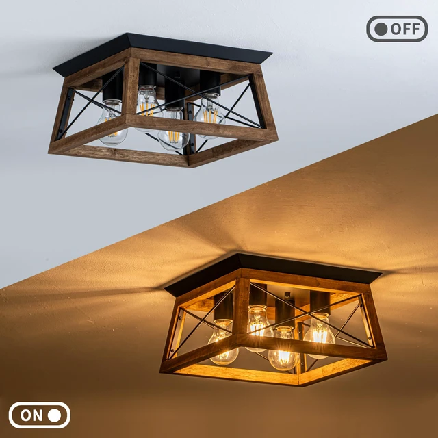 Alt view image 4 of 7 - Farmhouse Light Fixture, 4-Light Rustic Ceiling Light, Trapeziform Wood Flush Mount Ceiling Light for Kitchen, Hallway, Entryway, Bedroom
