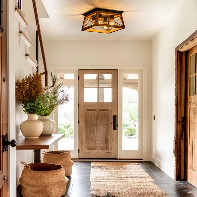 Alt view image 5 of 7 - Farmhouse Light Fixture, 4-Light Rustic Ceiling Light, Trapeziform Wood Flush Mount Ceiling Light for Kitchen, Hallway, Entryway, Bedroom