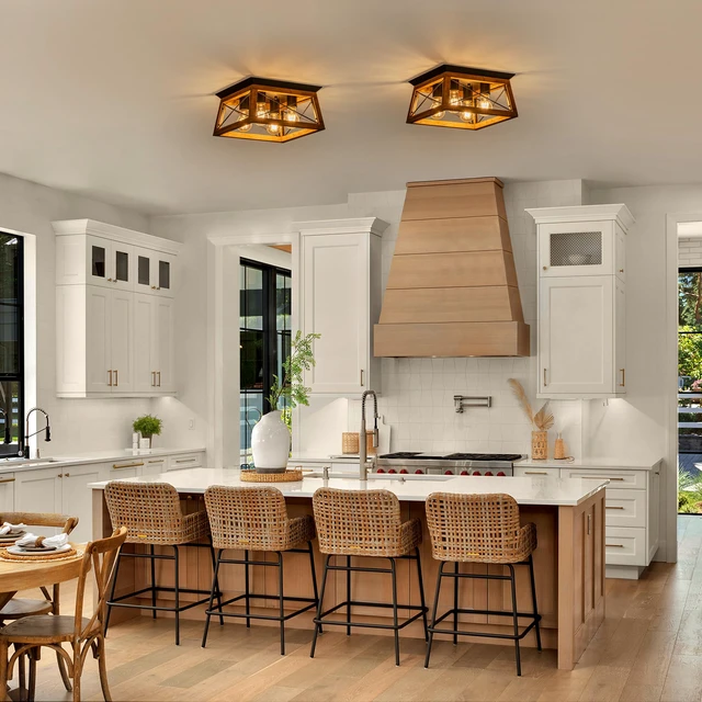 Alt view image 6 of 7 - Farmhouse Light Fixture, 4-Light Rustic Ceiling Light, Trapeziform Wood Flush Mount Ceiling Light for Kitchen, Hallway, Entryway, Bedroom