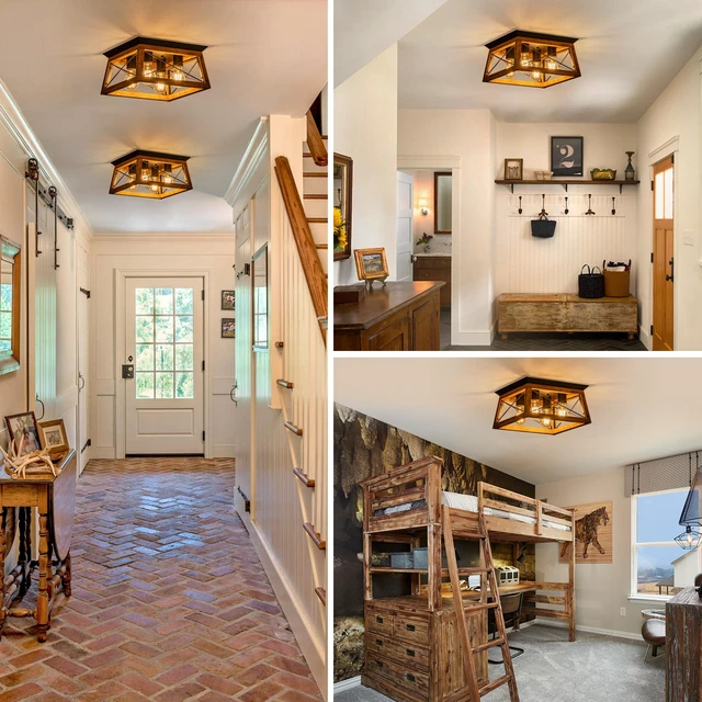 Alt view image 7 of 7 - Farmhouse Light Fixture, 4-Light Rustic Ceiling Light, Trapeziform Wood Flush Mount Ceiling Light for Kitchen, Hallway, Entryway, Bedroom
