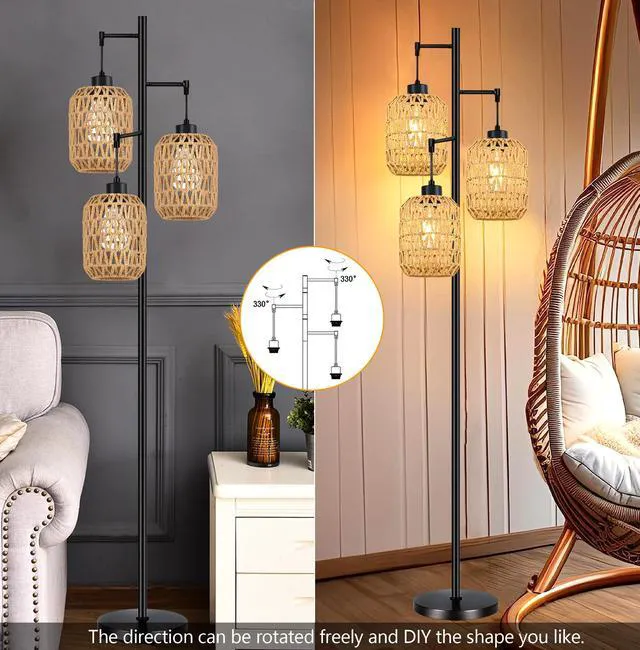 Alt view image 2 of 7 - Floor Lamp for Living Room,Bedroom,Boho Rattan Tree 3 Lights Farmhouse Floor Lights,Industrial Black Standing Lamp Wicker Rustic Tall Lamp,Woven Bamboo LampShade Floor Lamps Bohemian