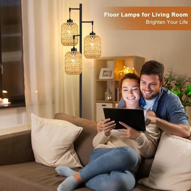 Alt view image 3 of 7 - Floor Lamp for Living Room,Bedroom,Boho Rattan Tree 3 Lights Farmhouse Floor Lights,Industrial Black Standing Lamp Wicker Rustic Tall Lamp,Woven Bamboo LampShade Floor Lamps Bohemian