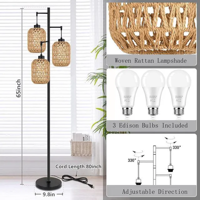 Alt view image 5 of 7 - Floor Lamp for Living Room,Bedroom,Boho Rattan Tree 3 Lights Farmhouse Floor Lights,Industrial Black Standing Lamp Wicker Rustic Tall Lamp,Woven Bamboo LampShade Floor Lamps Bohemian