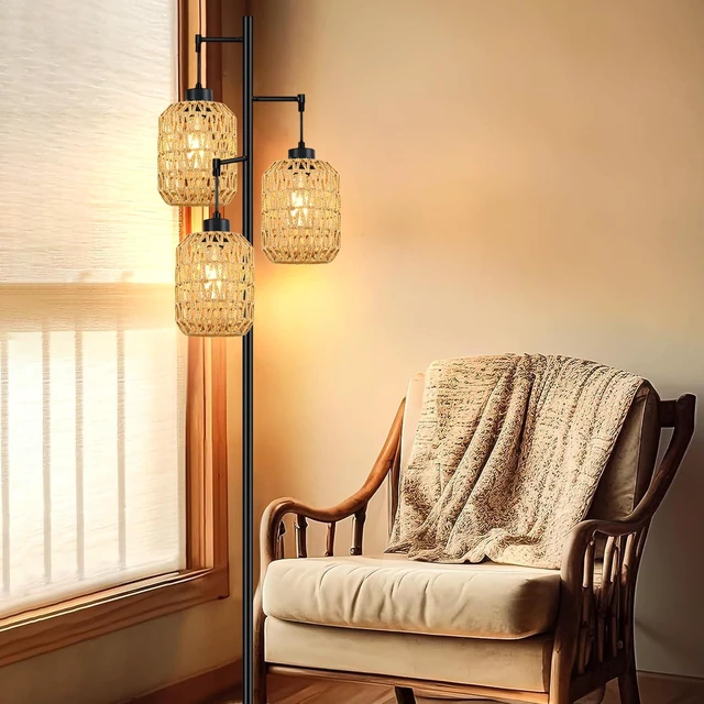 Alt view image 6 of 7 - Floor Lamp for Living Room,Bedroom,Boho Rattan Tree 3 Lights Farmhouse Floor Lights,Industrial Black Standing Lamp Wicker Rustic Tall Lamp,Woven Bamboo LampShade Floor Lamps Bohemian