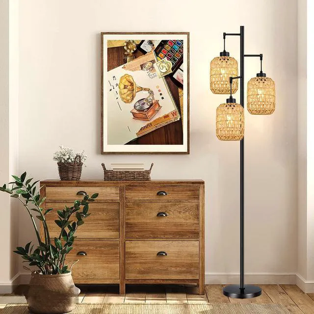 Alt view image 7 of 7 - Floor Lamp for Living Room,Bedroom,Boho Rattan Tree 3 Lights Farmhouse Floor Lights,Industrial Black Standing Lamp Wicker Rustic Tall Lamp,Woven Bamboo LampShade Floor Lamps Bohemian
