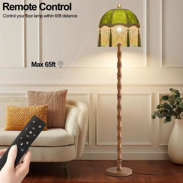 Alt view image 3 of 7 - Vintage Floor Lamp for Living Room,Bedroom,Dimmable Standing Lamp with Remote,Green Mid Century Gold Tall Lamp Boho Retro Floor Light Wood Fringe Tassel Flower Unique Tiffany Victorian Decor