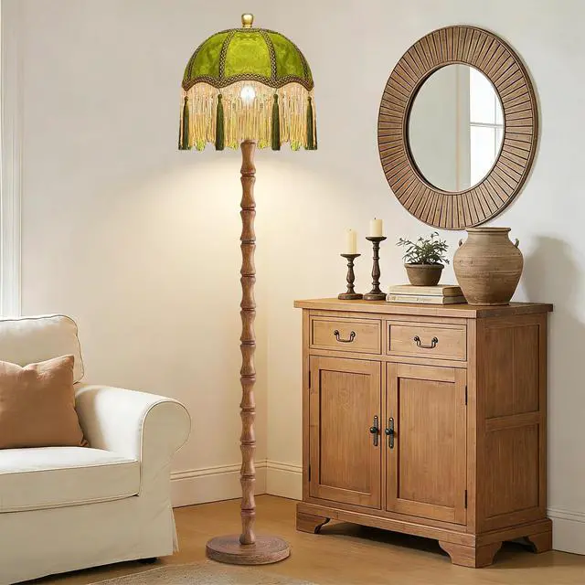 Alt view image 7 of 7 - Vintage Floor Lamp for Living Room,Bedroom,Dimmable Standing Lamp with Remote,Green Mid Century Gold Tall Lamp Boho Retro Floor Light Wood Fringe Tassel Flower Unique Tiffany Victorian Decor
