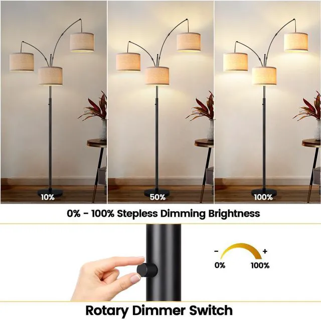 Alt view image 3 of 7 - Dimmable 3 Lights Floor Lamp - 3000LM Super Bright Arc Floor Lamps for Living Room, Modern Tall Standing Lamp With Beige Shades, Mid Century Tree Floor Lamp for Bedroom Office, 3 LED Bulbs Included