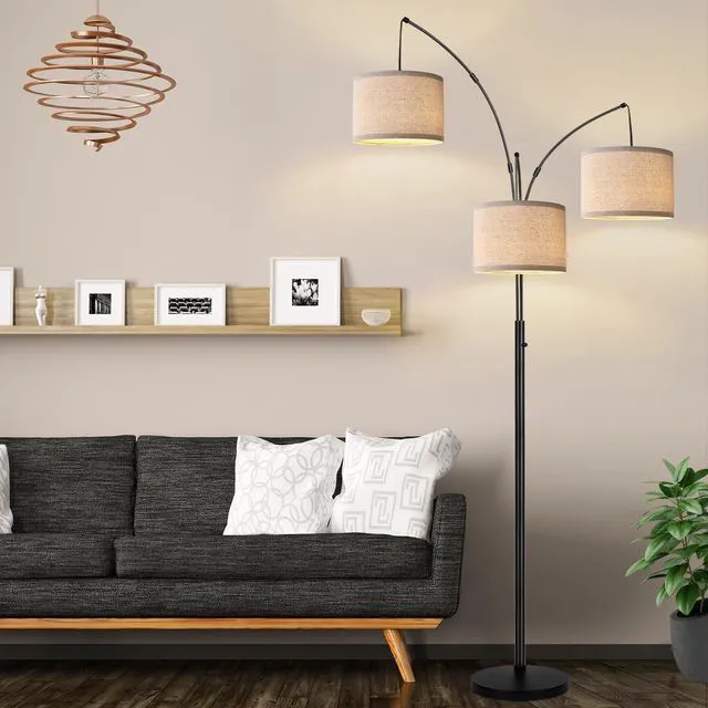 Alt view image 7 of 7 - Dimmable 3 Lights Floor Lamp - 3000LM Super Bright Arc Floor Lamps for Living Room, Modern Tall Standing Lamp With Beige Shades, Mid Century Tree Floor Lamp for Bedroom Office, 3 LED Bulbs Included