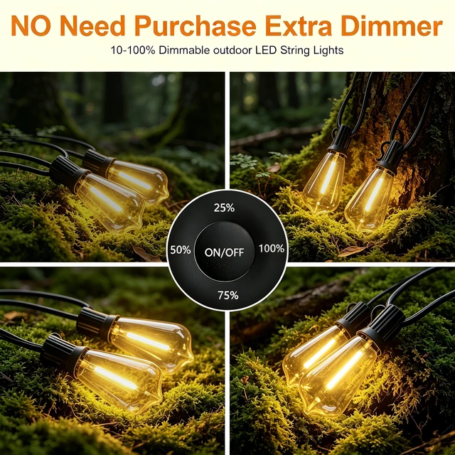 Alt view image 3 of 7 - Outdoor String Lights 150FT 75+3 LED, Waterproof Dimmable Patio Lights Remote Control, Shatterproof Edison ST38 Bulbs, Timer, Plug-In, Warm White Hanging Light for Garden Yard Porch Deck Decor
