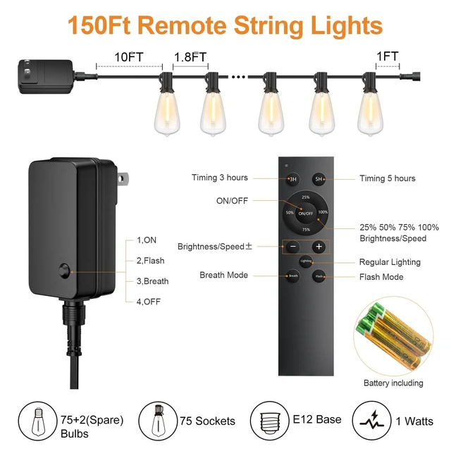 Alt view image 6 of 7 - Outdoor String Lights 150FT 75+3 LED, Waterproof Dimmable Patio Lights Remote Control, Shatterproof Edison ST38 Bulbs, Timer, Plug-In, Warm White Hanging Light for Garden Yard Porch Deck Decor